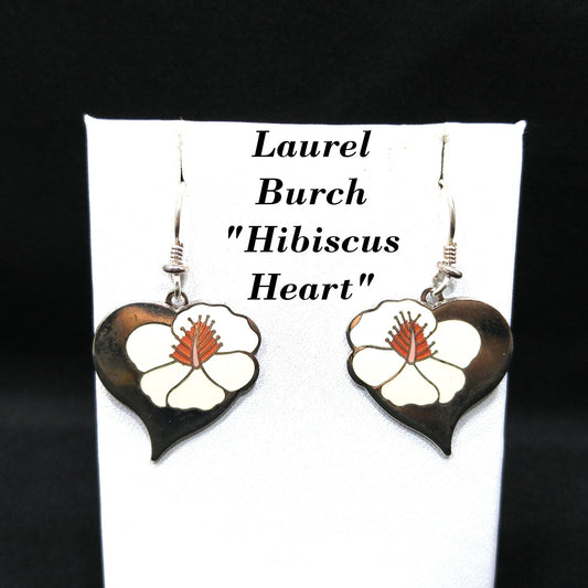 Vintage Laurel Burch "Hibiscus Heart" Earrings, Enamel Rhodium Plated