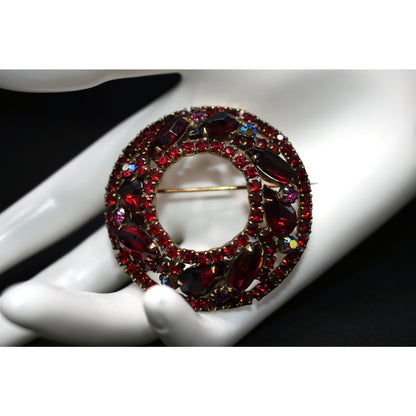 Vintage Weiss Red Rhinestone Domed Wreath Brooch, Aurora Borealis, Antique Gold Plated, 1950s