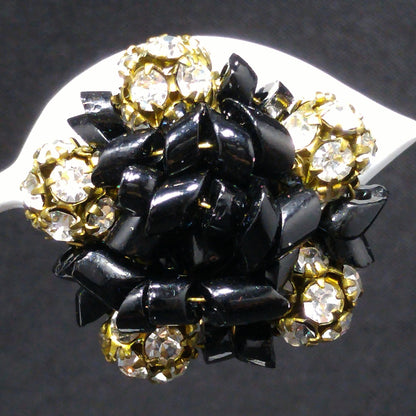 Carnegie Rhinestone Earrings, Black Glass Beads, 1950s Vintage Jewelry