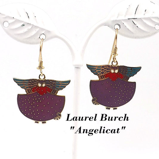Laurel Burch "Angelicat" Earrings, Gold Plated Cloisonne & Enamel, Cat Lovers Earrings, 1980s Vintage Jewelry