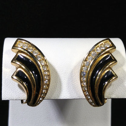 Christian Dior Black Enamel Earrings, Gold Plated, Pave Rhinestones, 1980s Vintage Jewelry