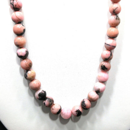 Pink Black Gemstone Beaded Necklace, Rhodonite 10mm Beads, 1970s Vintage Jewelry
