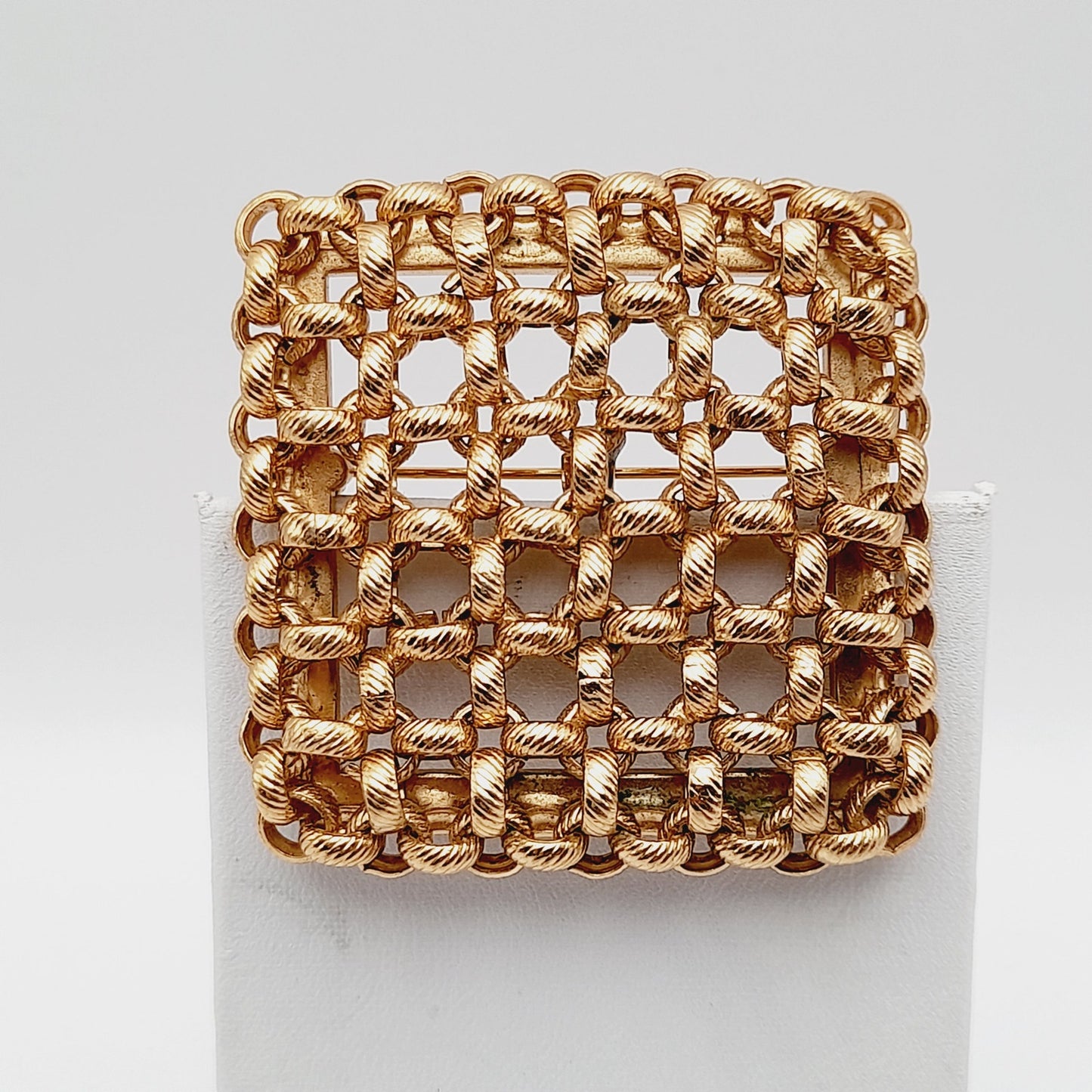 Vintage Monet Gold Plated Woven Square Brooch – 1980s Statement Designer Jewelry