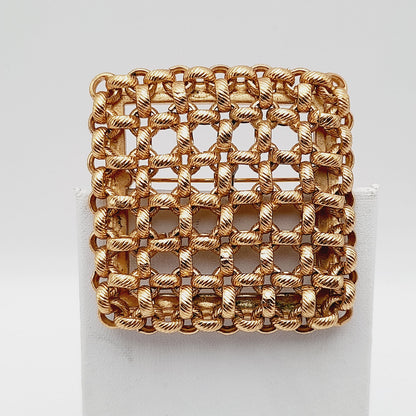 Vintage Monet Gold Plated Woven Square Brooch – 1980s Statement Designer Jewelry