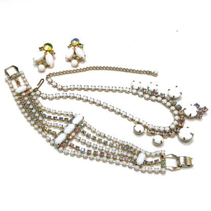 Vintage Milk Glass Jewelry Set, Necklace Bracelet Clip Earrings, Aurora Borealis, 1960s Vintage Jewelry