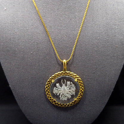 Vintage Crown Trifari Zodiac "Cancer" Necklace, Glass Intaglio Crab, Gold Plated, 1960s Vintage Jewelry