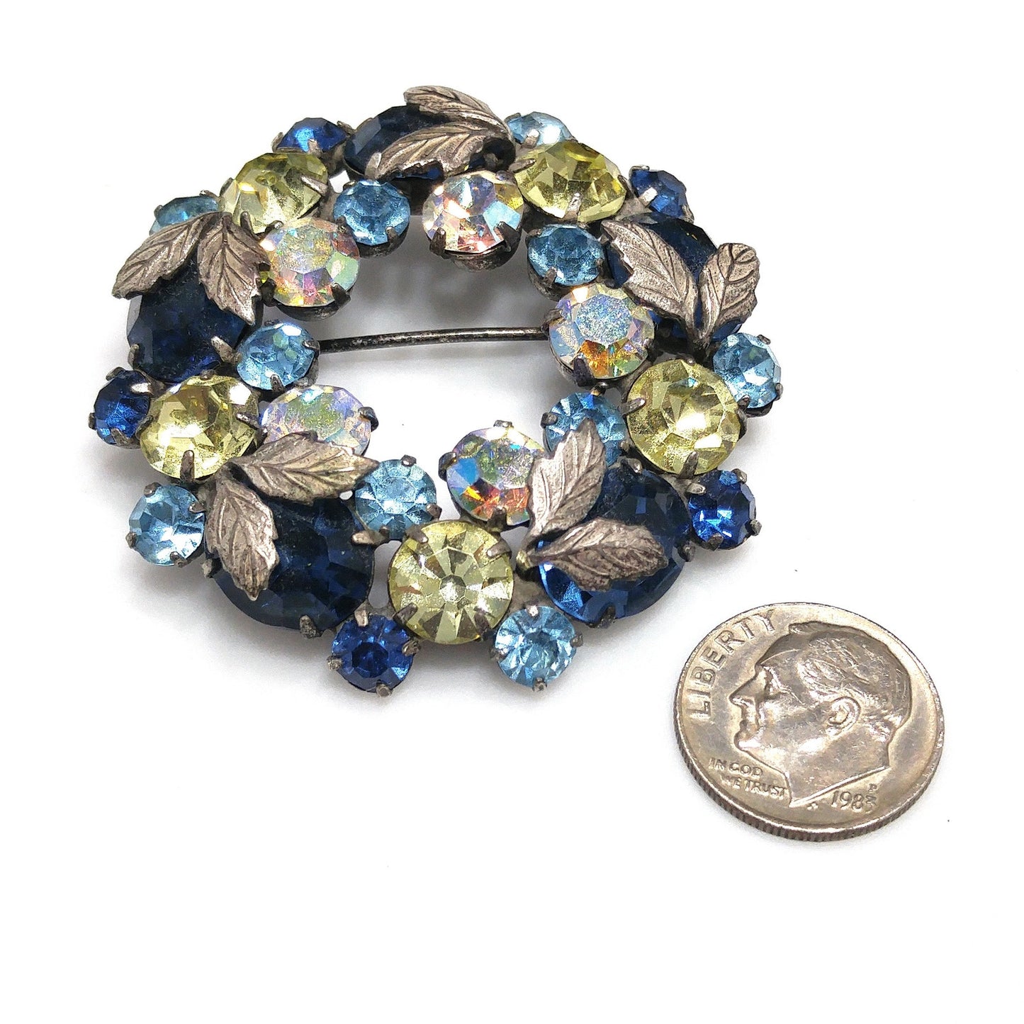 Vintage 1950s Crystal Rhinestone Wreath Brooch – Blue, Yellow, Aurora Borealis – Regency Style