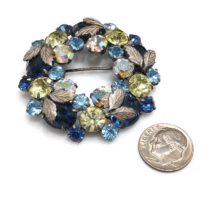 Vintage 1950s Crystal Rhinestone Wreath Brooch – Blue, Yellow, Aurora Borealis – Regency Style