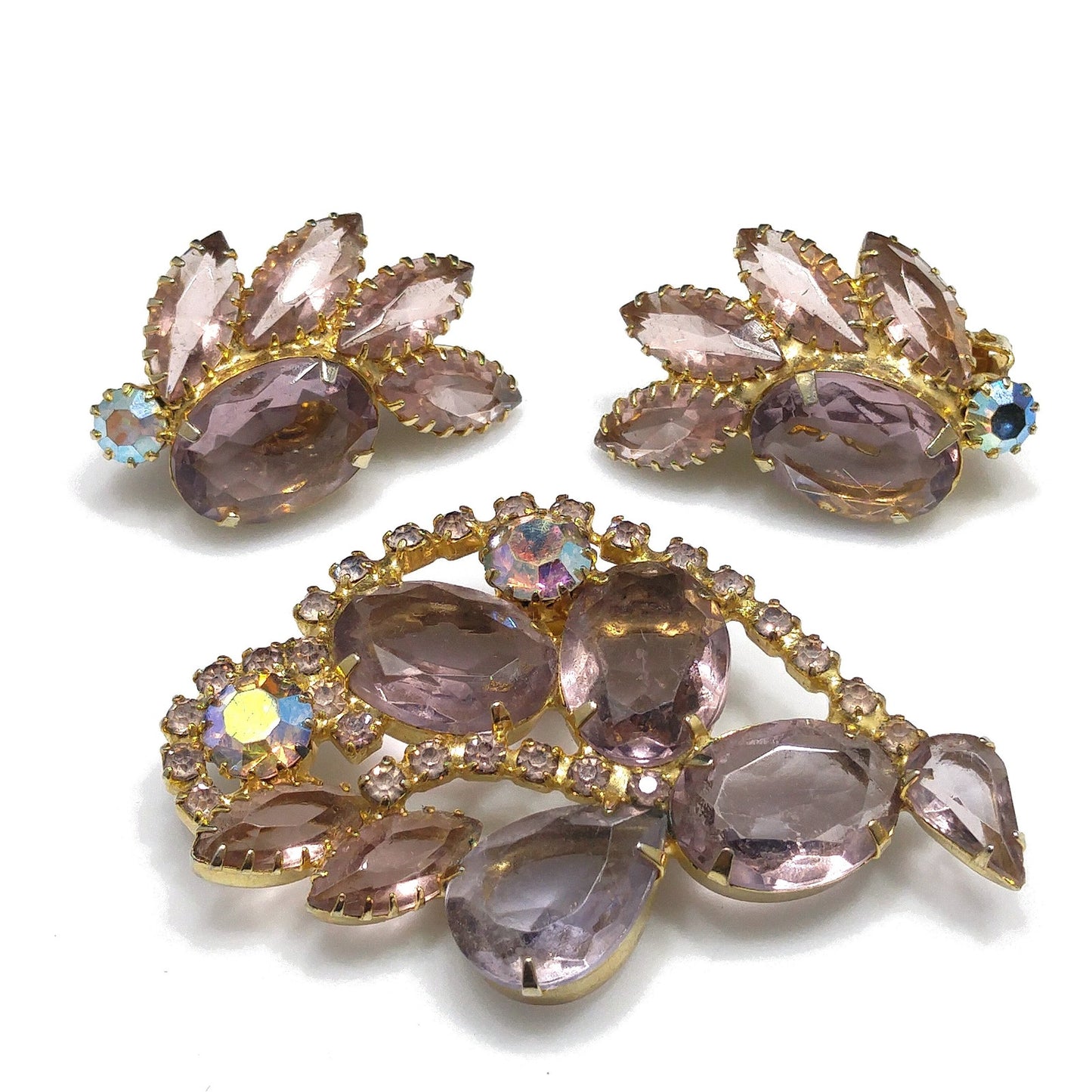 Lavender Rhinestone Brooch & Earrings, Aurora Borealis, 1960s Vintage Jewelry