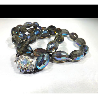 Vintage Chess Oval Aurora Borealis Crystal Beaded Necklace, Rhinestone Clasp, 1960s Vintage Jewelry