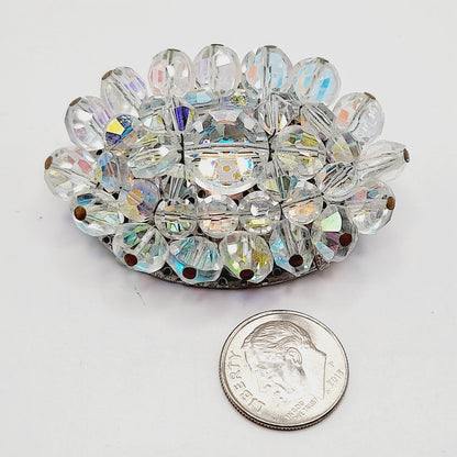 Vintage 1960s Crystal Aurora Borealis Faceted Bead Oval Brooch – 2 Inch Pin