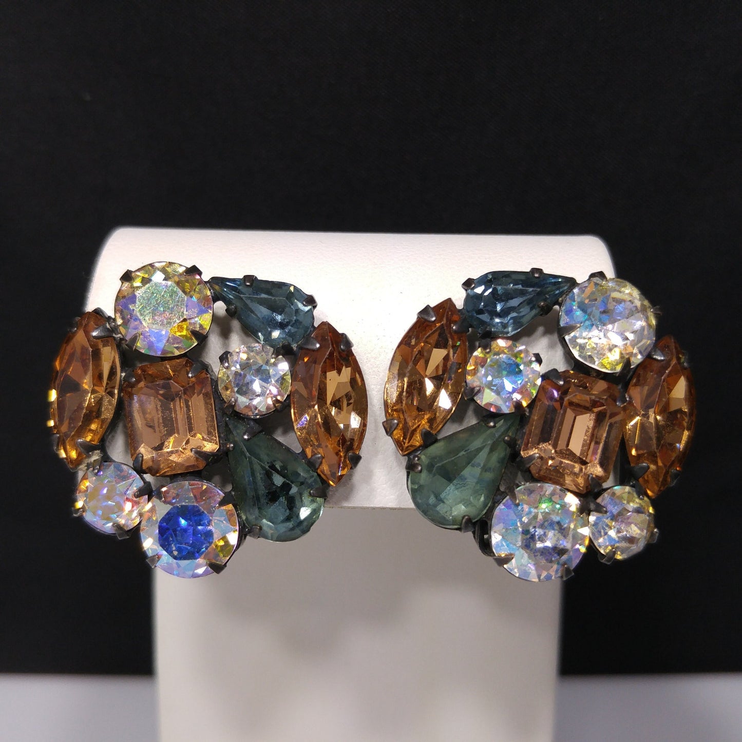 Weiss Blue Green Topaz Rhinestone Earrings, Clip Antique Gold Plate, 1950s Vintage