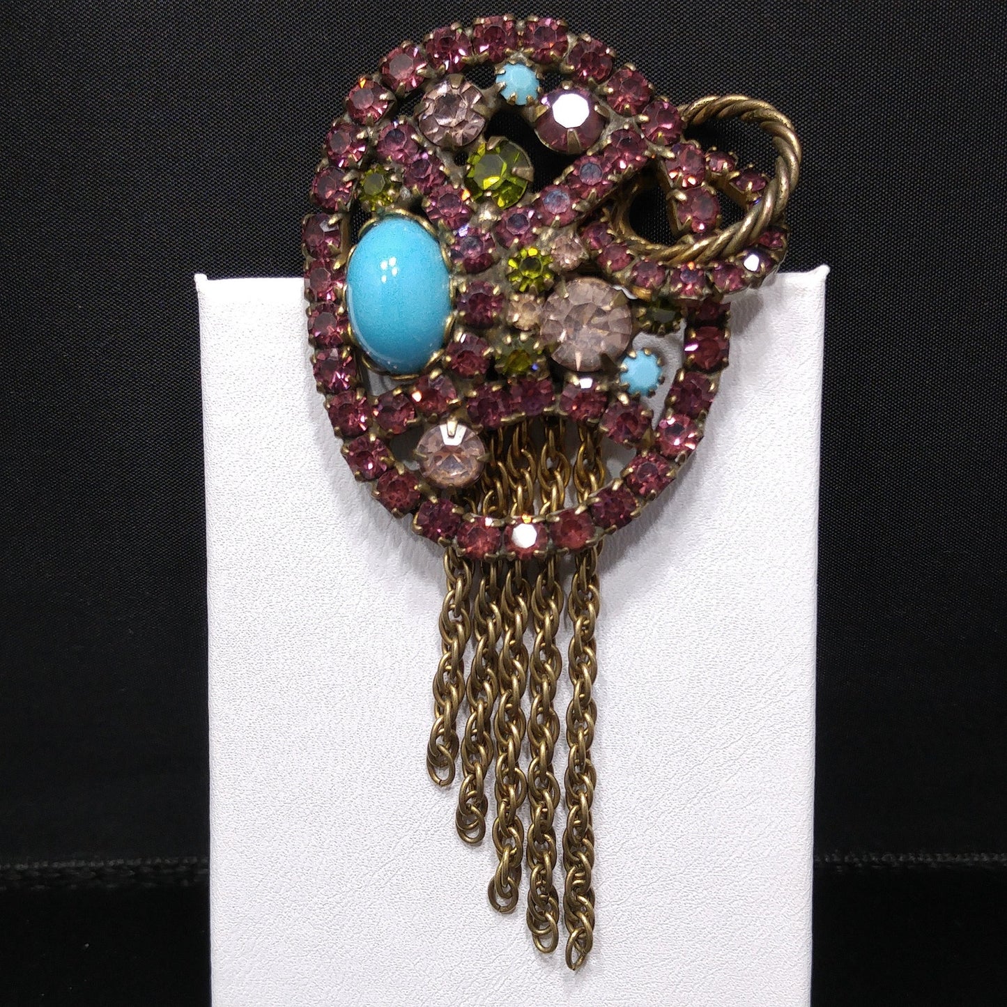 Vintage Purple Rhinestone Turquoise Cabochon Brooch, Antique Gold Tone Fringe Pin