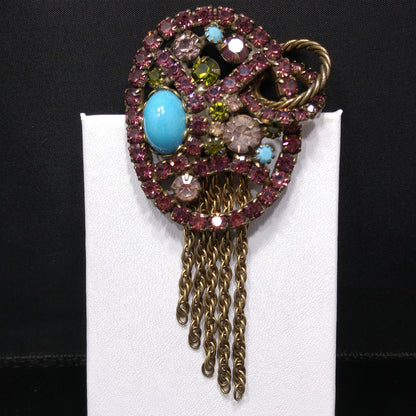 Vintage Purple Rhinestone Turquoise Cabochon Brooch, Antique Gold Tone Fringe Pin