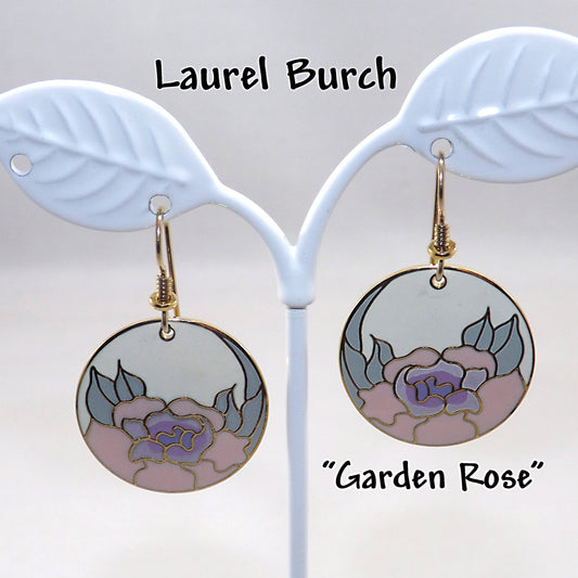 Laurel Burch "Garden Rose" Earrings, Cloisonné Gold Plated, 1980s