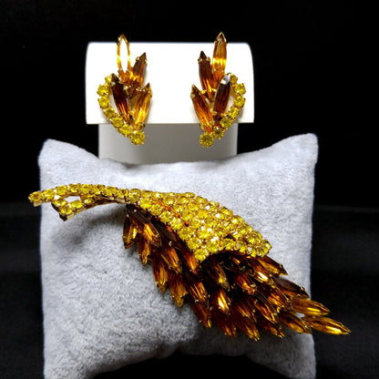 Yellow Topaz Rhinestones Brooch & Earrings, Gold Plated, 1960s Vintage Jewelry