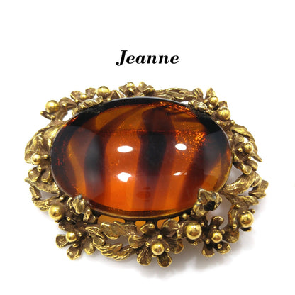 Jeanne Two Toned Glass Brooch, Light Dark Topaz Striped, 1960s Vintage Jewelry
