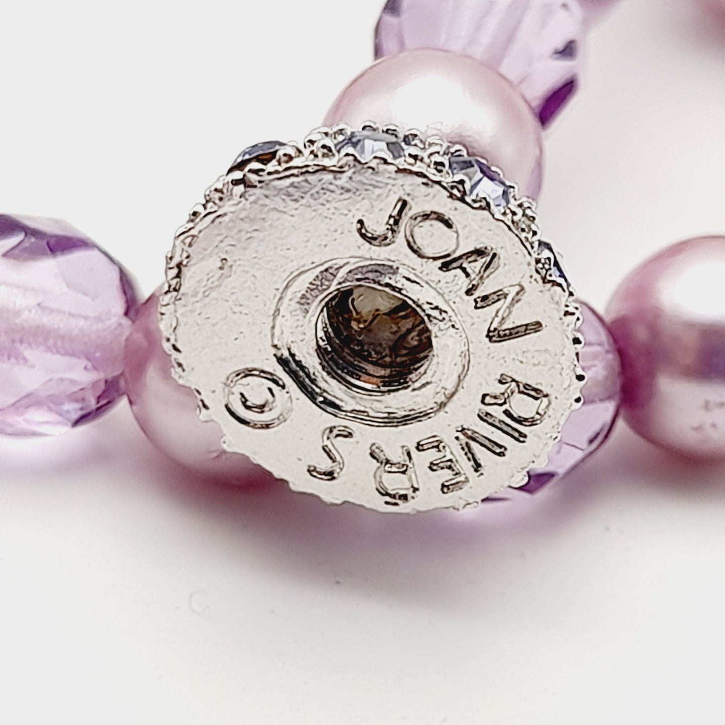 Vintage Joan Rivers Lavender Glass Pearls Crystal Beaded Necklace, Rhinestone Screw Clasp