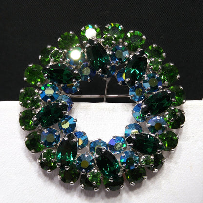 Sherman 1960s Emerald & Peacock Green Rhinestone Wreath Brooch | Aurora Borealis | Rhodium Plated Vintage Jewelry