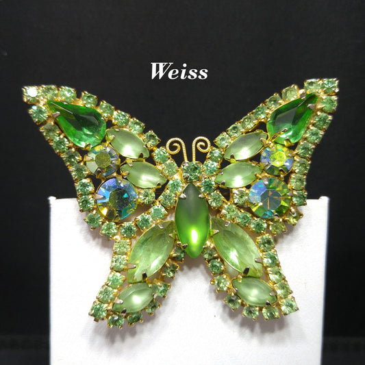 Vintage Weiss Peridot Green Rhinestone Butterfly Brooch, Uranium Glass, Gold Plated, 1950s