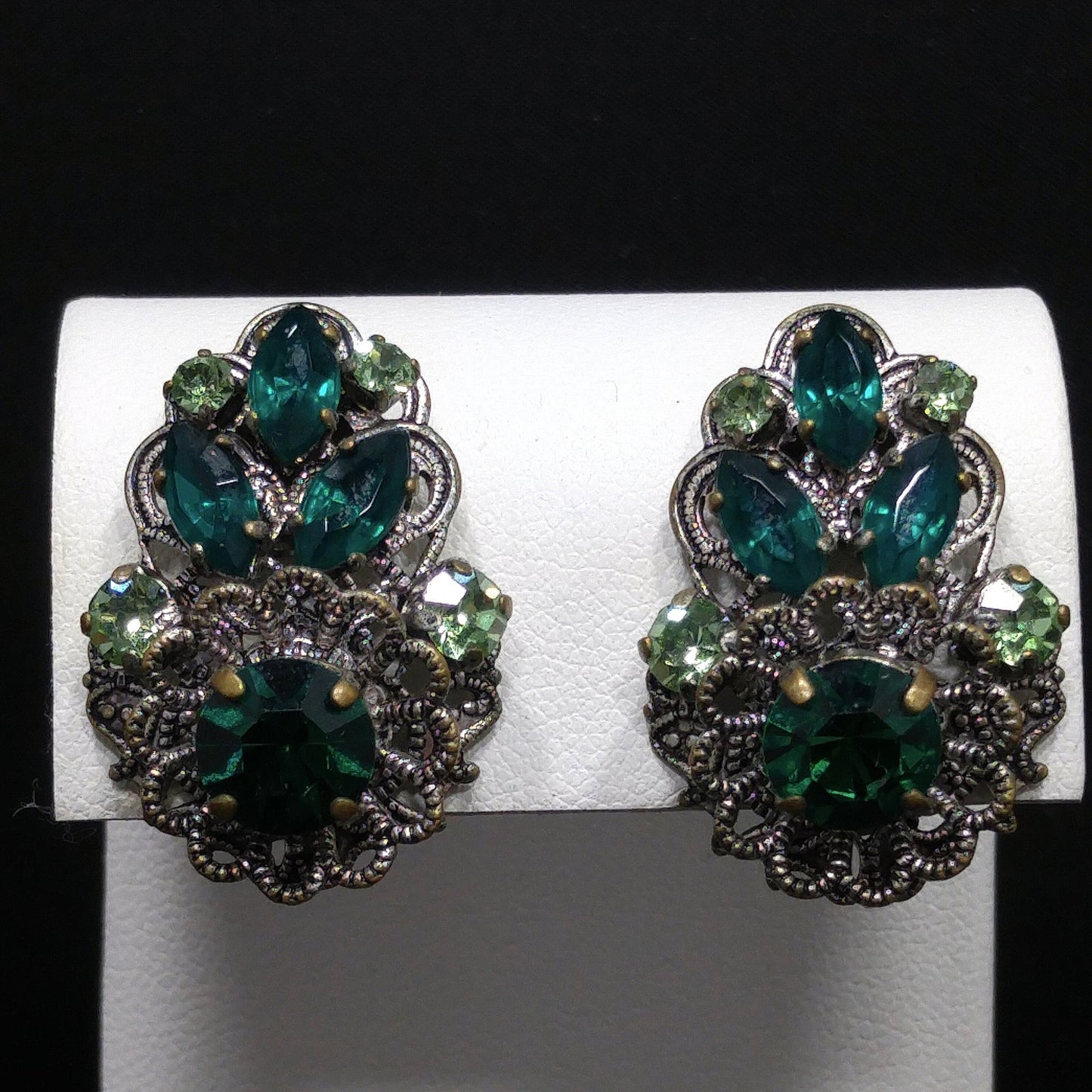 Western Germany Green Filigree Clip Earrings, Light Dark Green Rhinestones, 1950s Vintage Jewelry