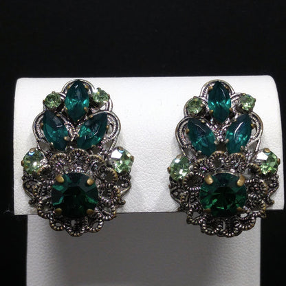 Western Germany Green Filigree Clip Earrings, Light Dark Green Rhinestones, 1950s Vintage Jewelry