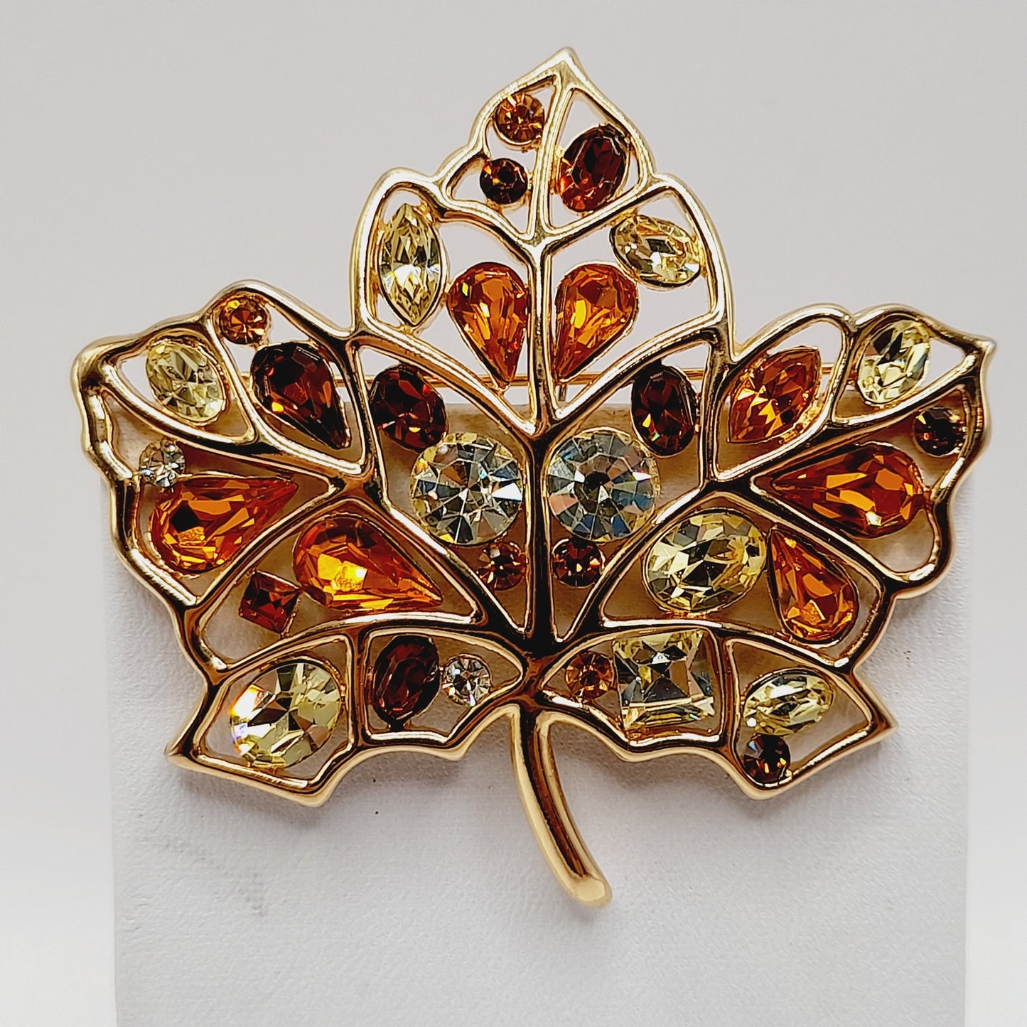 Vintage Nolan Miller Maple Leaf Brooch Gold Plated Rhinestone Glamour Collection 2 3/8"