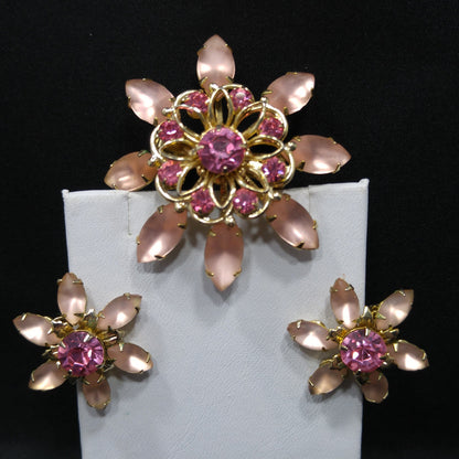 Mid-Century Pink Flower Brooch & Earrings, Frosty Light Pink Cabs, Hot Pink Rhinestones, 1950s Vintage Jewelry
