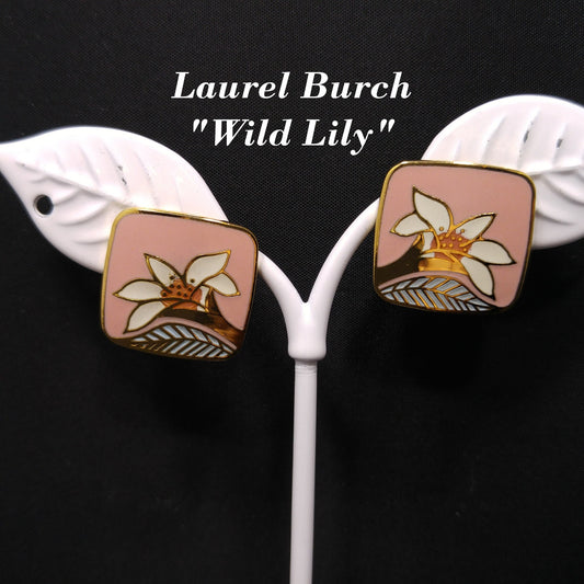 Vintage Laurel Burch "Wild Lily" Pink Post Earrings, Cloisonne Gold Plated
