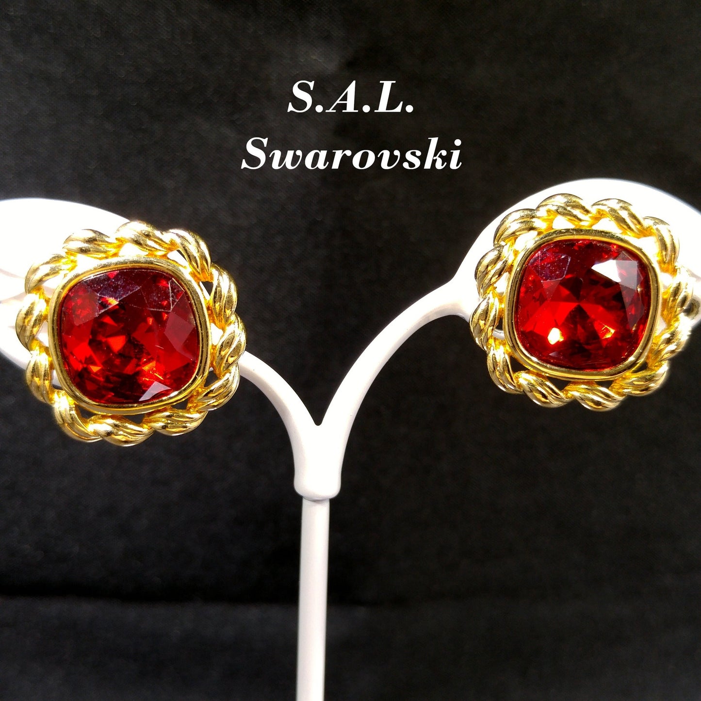 Swarovski Red Crystal Earrings, Gold Plated, Stamped SAL, 1970s Vintage Jewelry