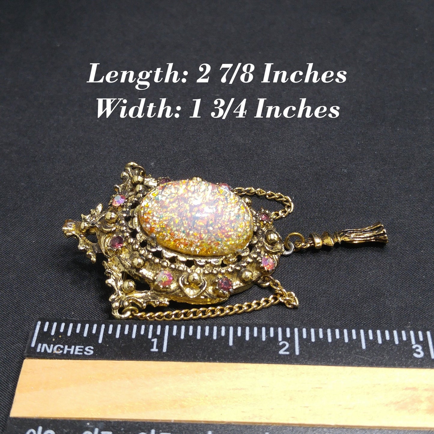Vintage 1950s Hollywood Faux Opal Glitter Glass Brooch Tassel