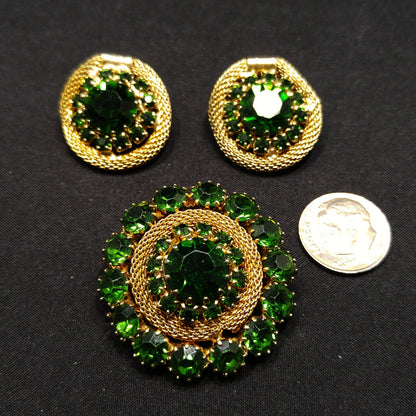 Vintage Weiss Green Rhinestone Brooch & Earrings, Gold Plated Mesh