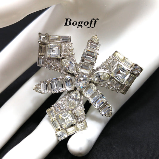 Bogoff Clear Rhinestone Wedding Brooch, Rhodium Plated, 1950s Vintage Jewelry