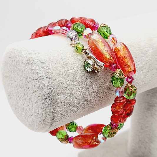 Vintage Glass Foil Beaded Bracelet – Fall Colors Memory Wire Jewelry