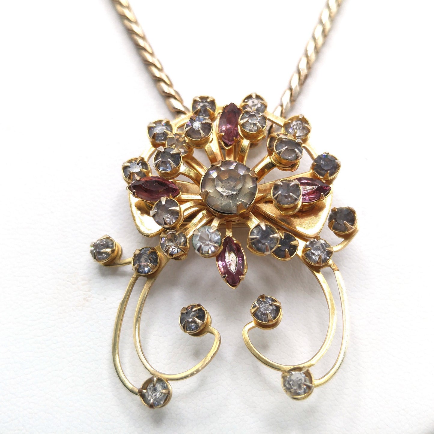 Floral Purple Rhinestone Pendant Brooch Necklace Earrings Set, Gray Clear Rhinestones, 1940s Vintage Jewelry