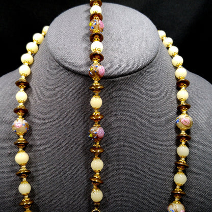 Wedding Cake Venetian Glass Beaded Necklace & Bracelet, Hand Knotted, Murano Lampwork, 1980s Vintage Jewelry