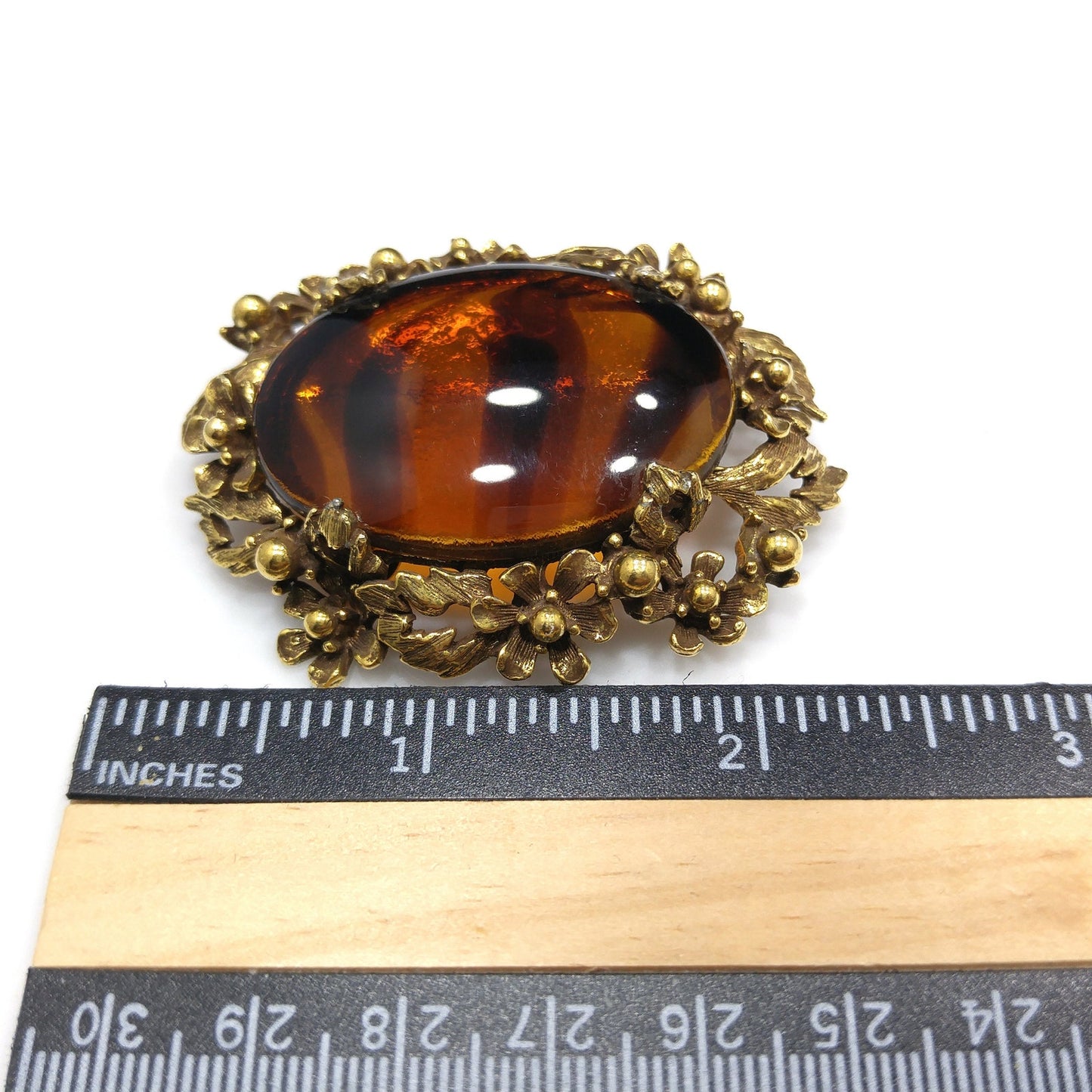Jeanne Two Toned Glass Brooch, Light Dark Topaz Striped, 1960s Vintage Jewelry