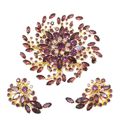 Mid-century Large Purple Rhinestone Brooch & Earrings, Floral Design, 1950s Vintage Jewelry