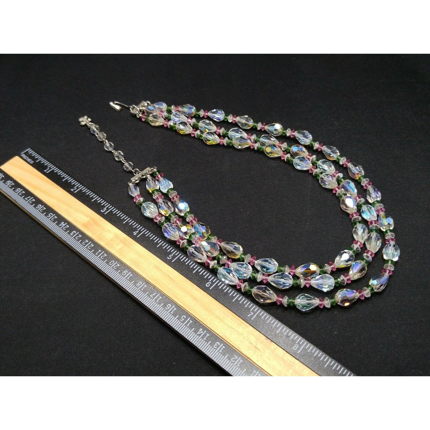 Vendome Triple Strand AB Crystal Necklace Pastel Pink Green Beads Vintage 1950s