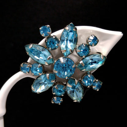 Sherman Turquoise Rhinestone Earrings, Screw-back Rhodium Plated, 1950s Vintage Jewelry