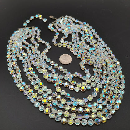 Vintage Flat Crystal Eight Strand Necklace, Hand-knotted, Aurora Borealis