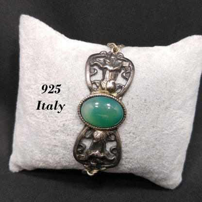 Sterling Silver Gemstone Bracelet, 925 Oval Green Gemstone, Vintage Jewelry