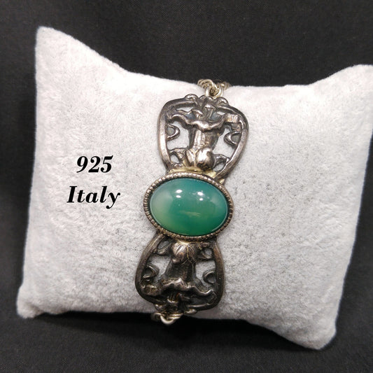 Sterling Silver Gemstone Bracelet, 925 Oval Green Gemstone, Vintage Jewelry