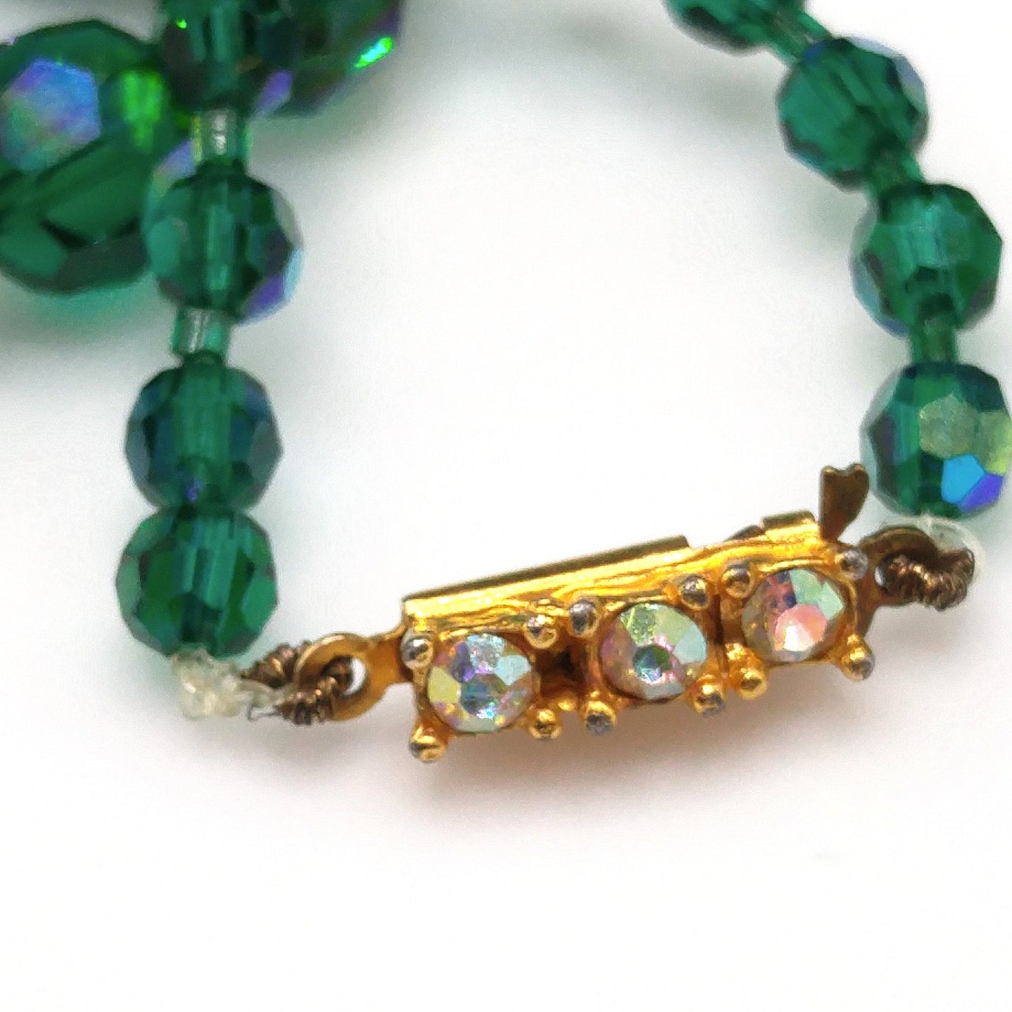 Dark Green Crystal Necklace, Aurora Borealis, Rhinestone Clasp, 1960s Vintage Jewelry