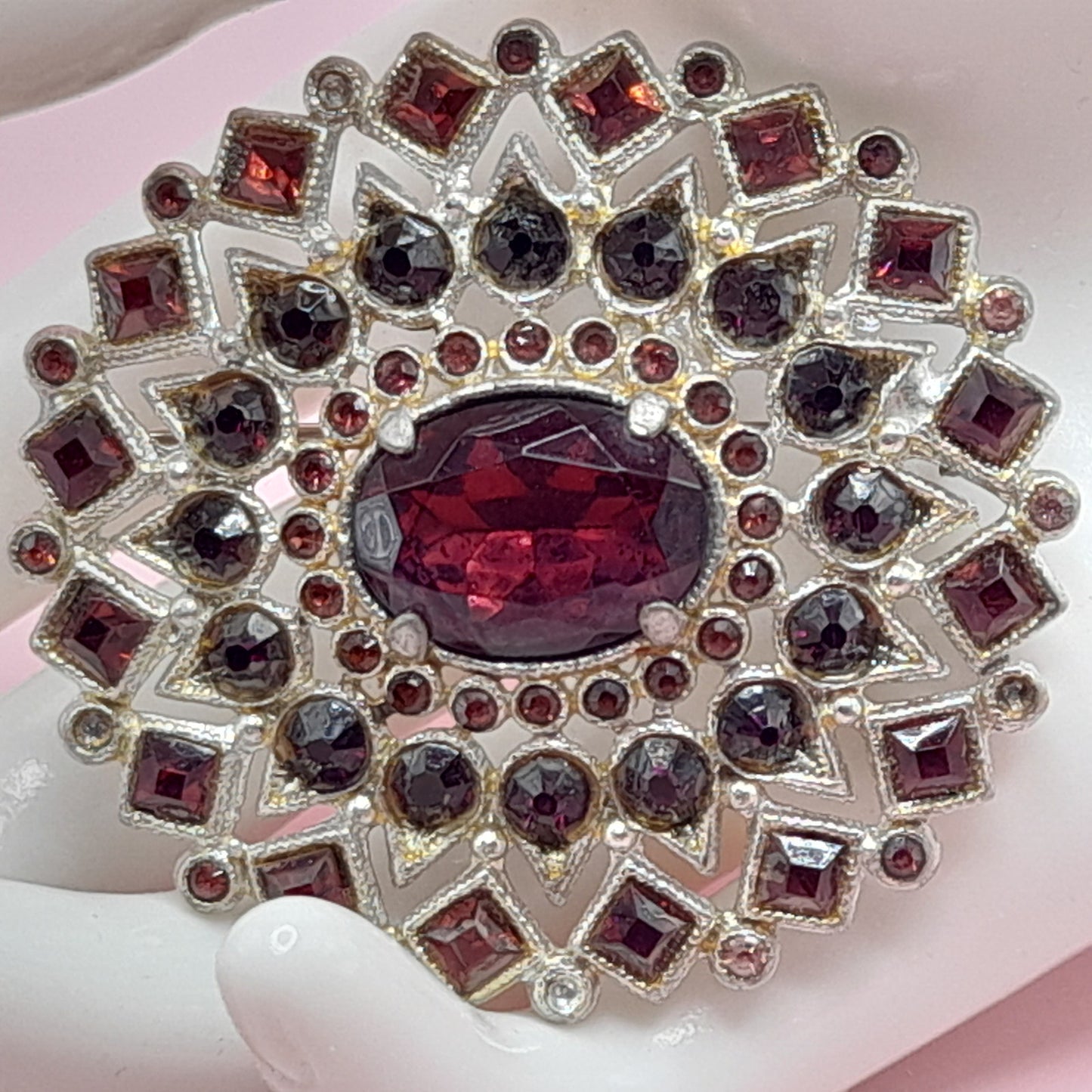 Vintage Purple Rhinestone Oval Brooch, Pot Metal, C Clasp, 1930s