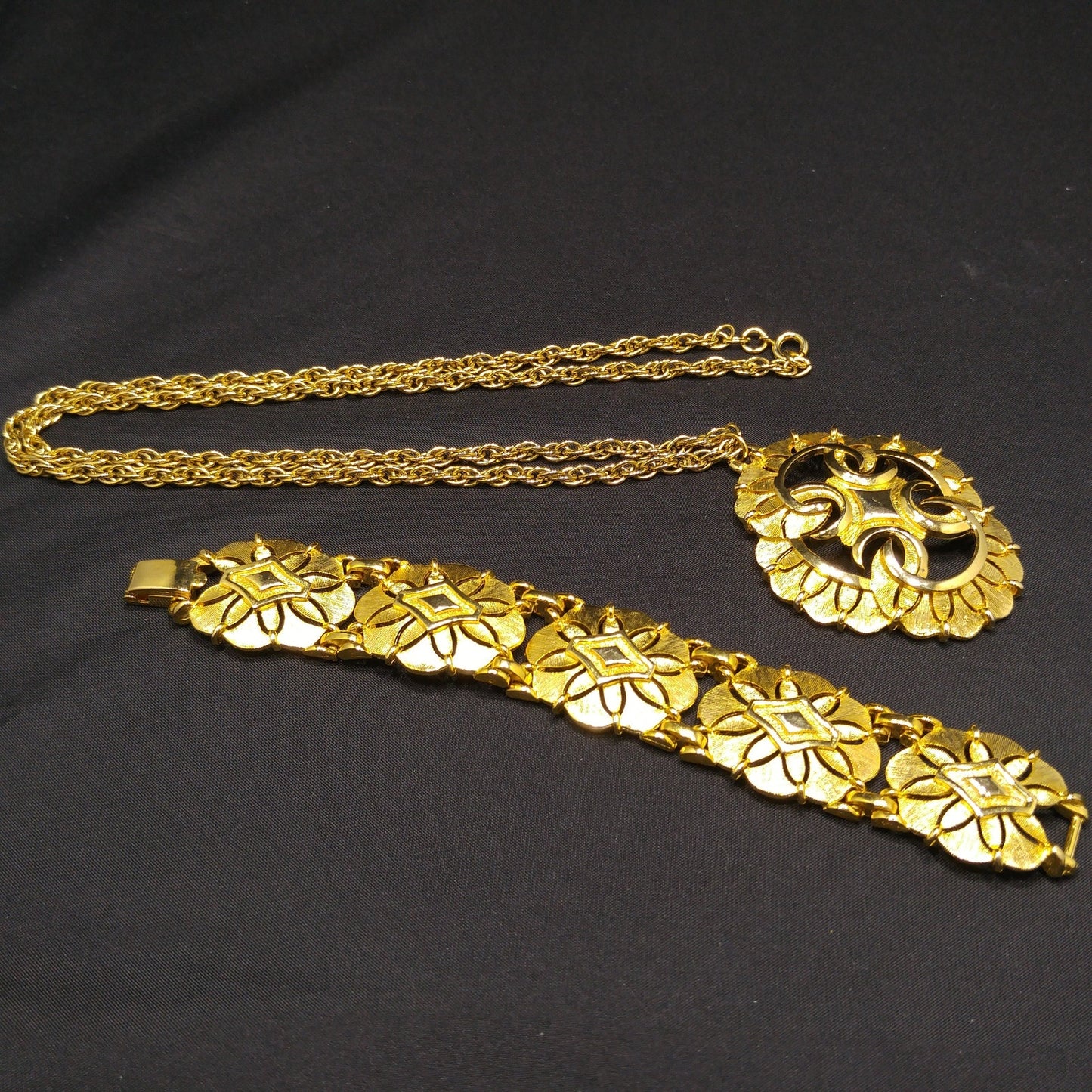 Gold Plated Necklace & Bracelet, Medallion Design, 1960s Vintage Jewelry