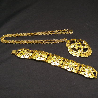 Gold Plated Necklace & Bracelet, Medallion Design, 1960s Vintage Jewelry