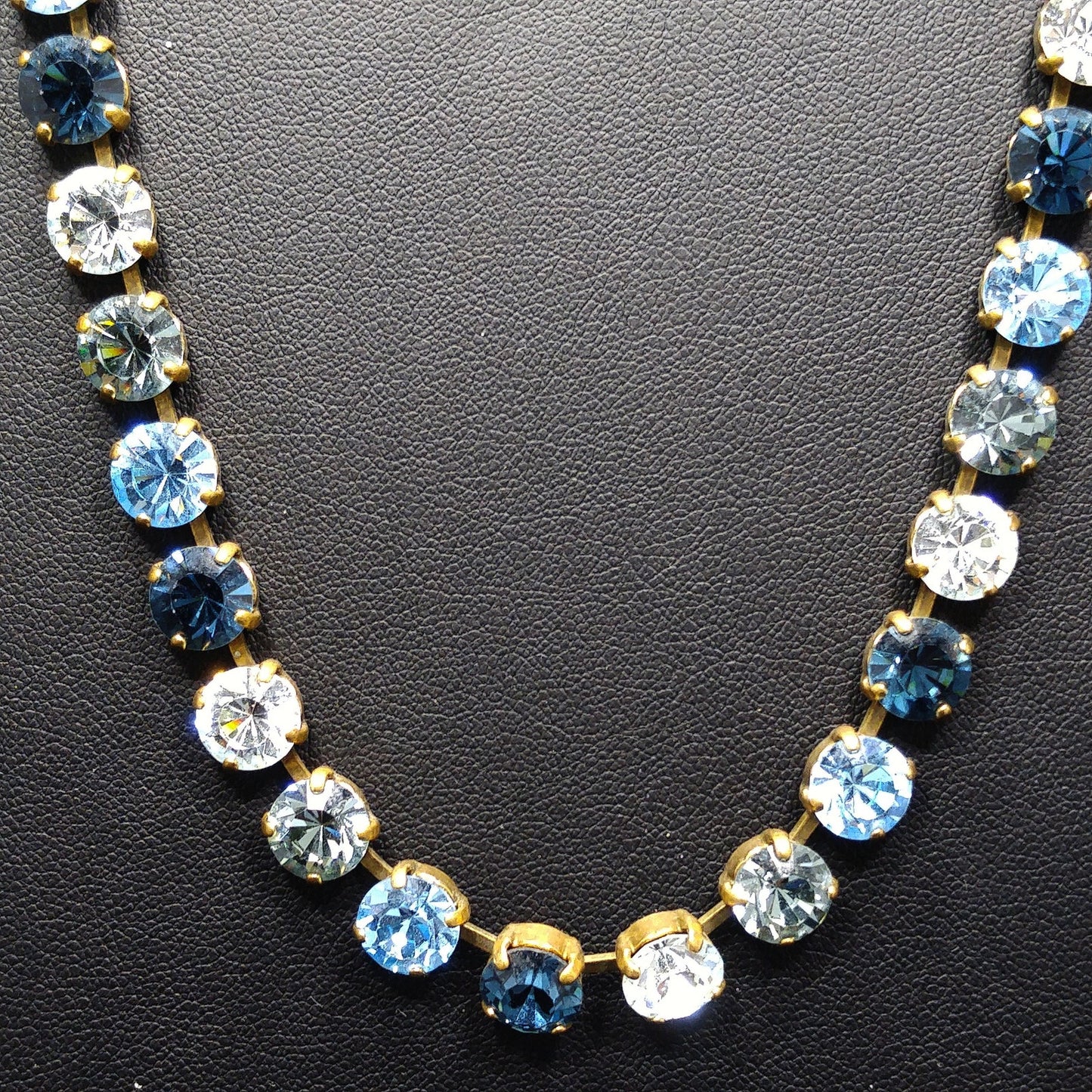 Vintage 1990s Germany Blue Crystal Rhinestone Necklace Gold Tone Choker