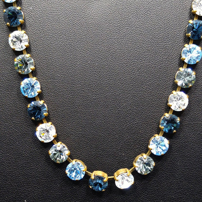 Vintage 1990s Germany Blue Crystal Rhinestone Necklace Gold Tone Choker