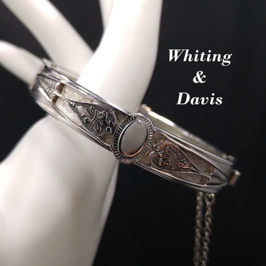 Whiting & Davis Rhodium Plated Hinged Bracelet, Safety Chain, 1960s Vintage Jewelry